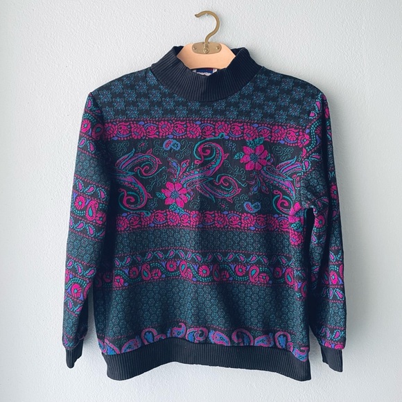 The American Collection | Vintage 80s 90s Neon Paisley Floral Mock Neck Sweater - Picture 1 of 5